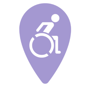 lavender colored, upside down teardrop shaped image with person in wheelchair. Image points down to indicate a spot on a potential map.